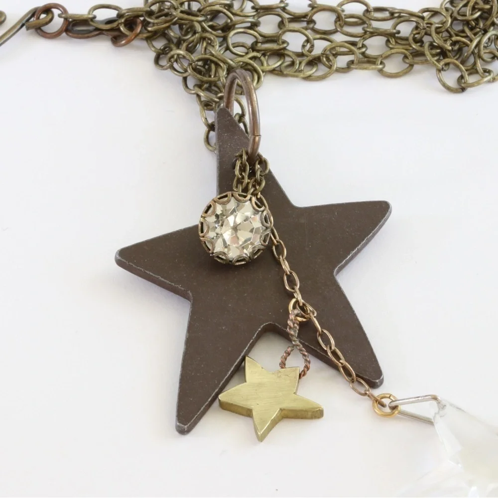 Handmade Bronze Star Statement Necklace | Brass Star Accent | Adjustable 31” - Picture 7 of 7
